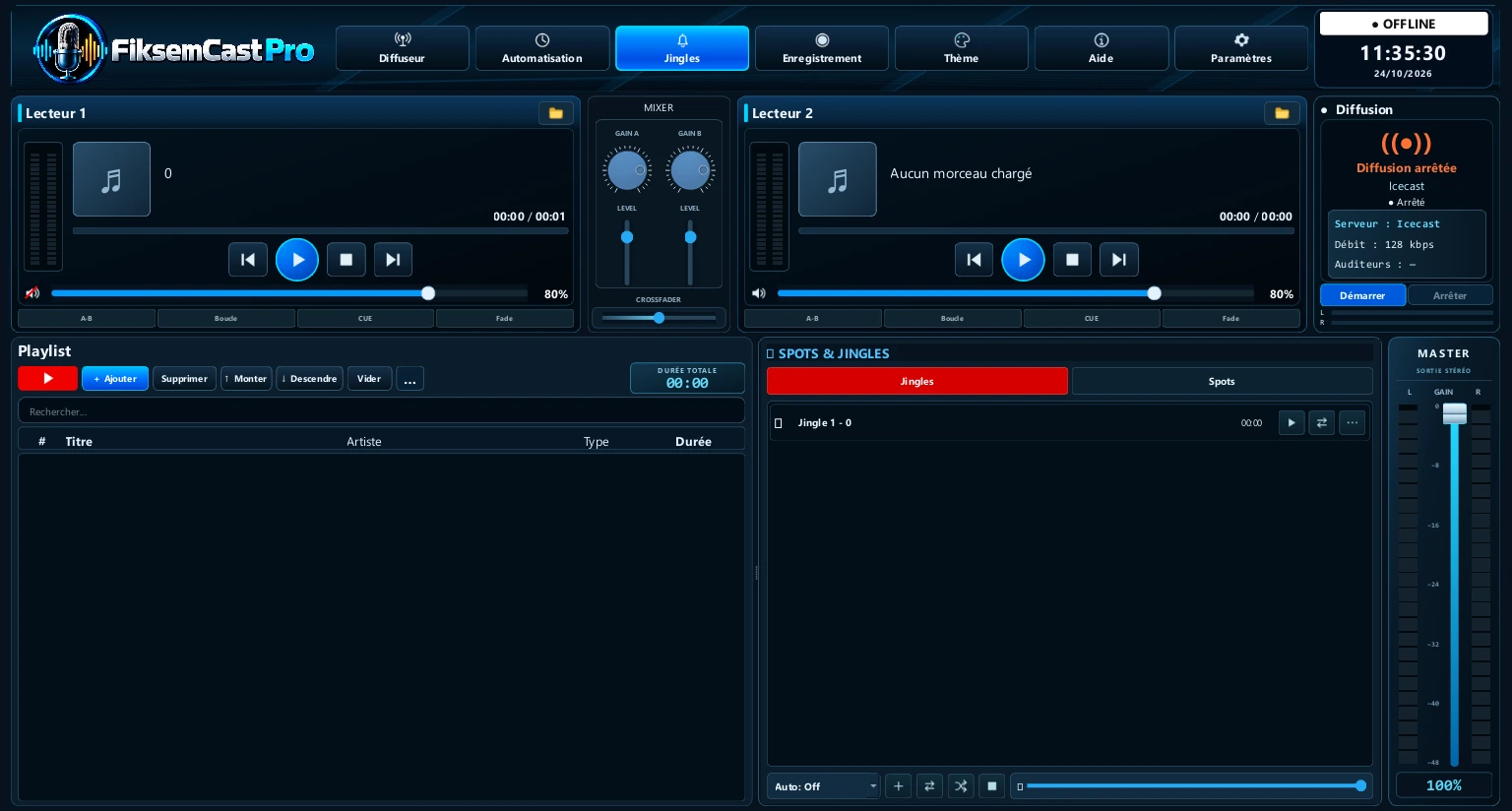Interface de FiksemCast Pro : deux lecteurs, playlist, spots et jingles et master